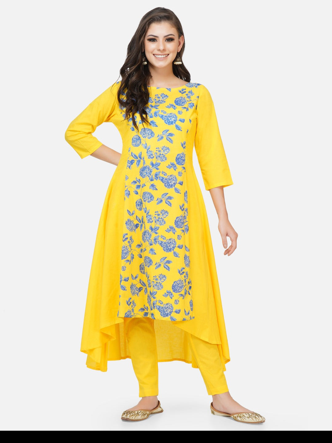 Yellow asymmetrical kurta with pants