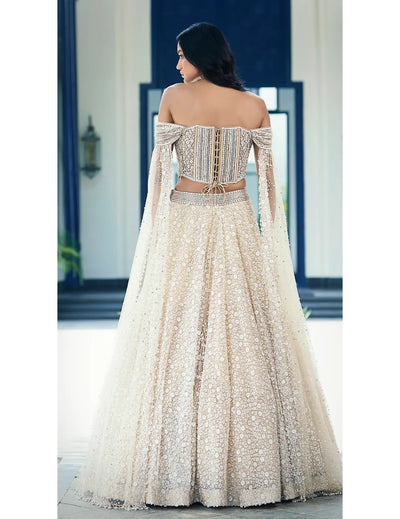 Beige Sequins Net Embroidered Lehenga Set