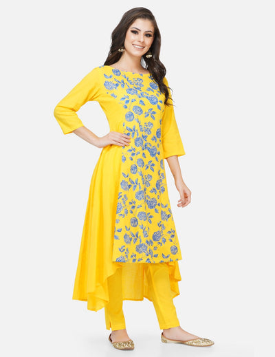 Yellow asymmetrical kurta with pants