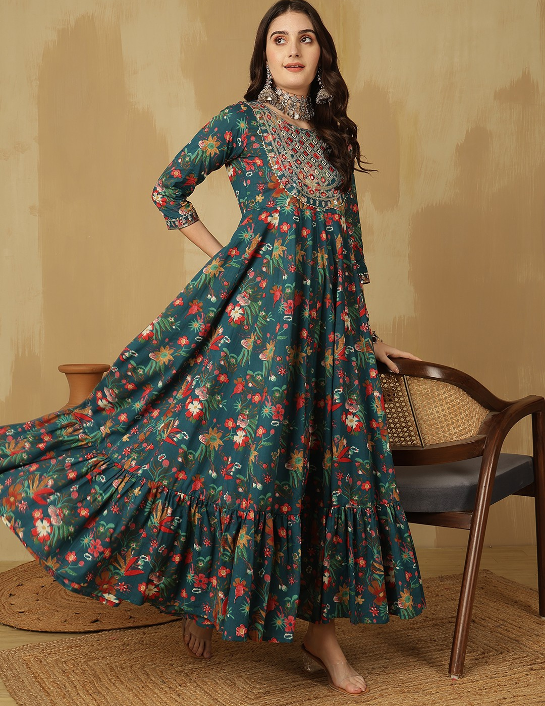 Floral Printed Thread Work Cotton Tiered Anarkali Kurta