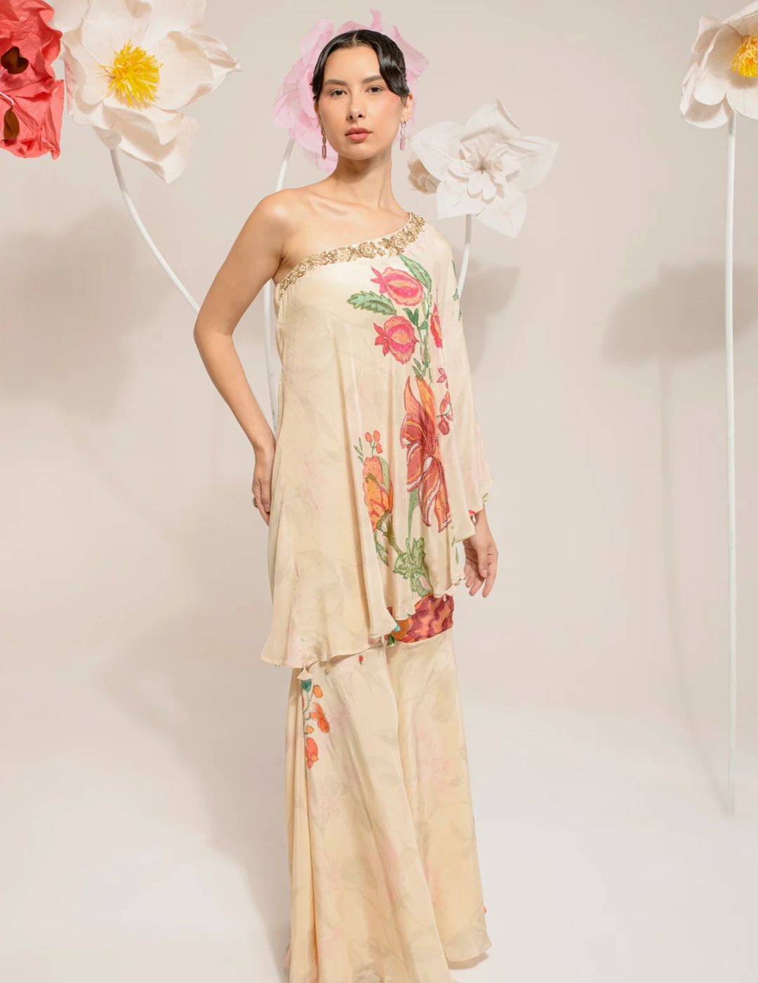 Cream Digital Print One Shoulder Set