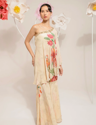 Cream Digital Print One Shoulder Set