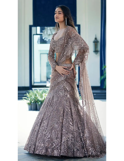 Rose Gold Net Embroidered Lehenga Set