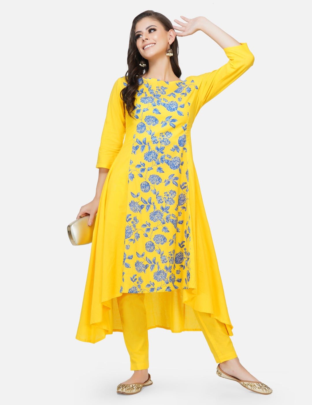 Yellow asymmetrical kurta with pants