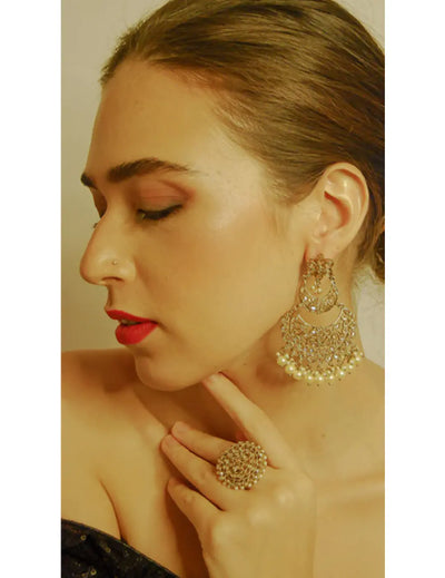 Pearl Antique Gold Tone Chandbali Earrings