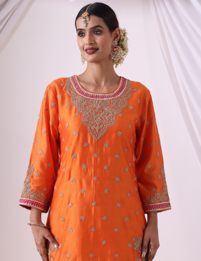 Noor Orange Gharara Set with Embroidered Kurti & Dupatta