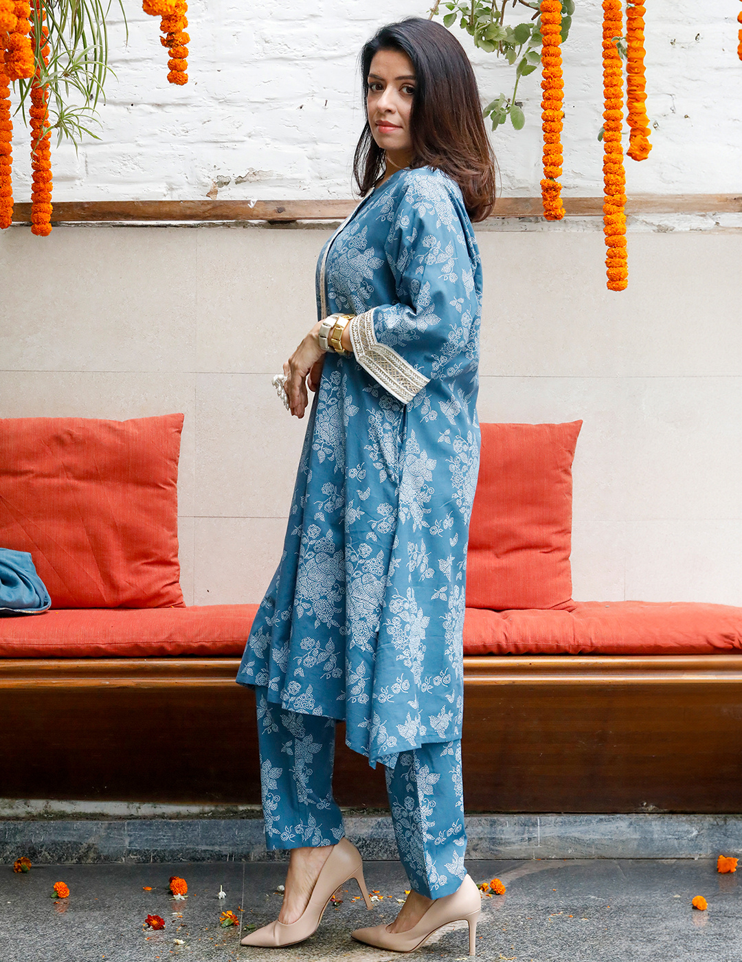 Blue Cotton Khadi Kurta With Pants