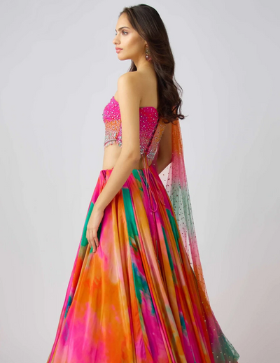 Pink Chinon Embroidered Lehenga Set