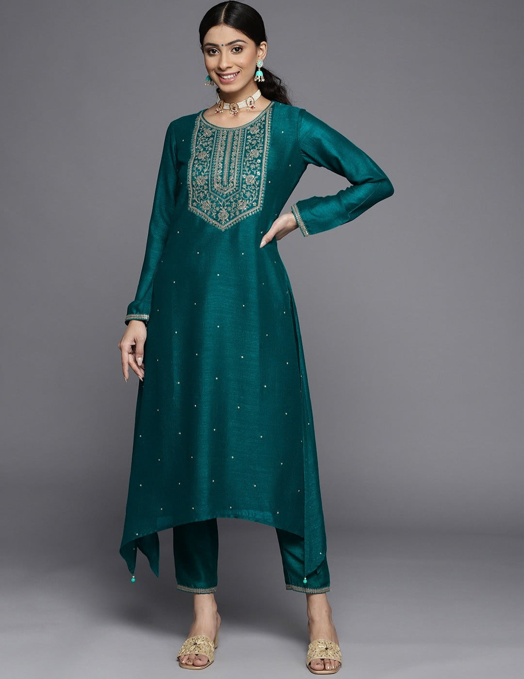 Teal Green & Golden Yoke Design Kurta