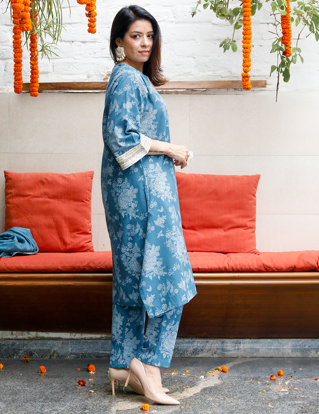 Blue Cotton Khadi Kurta With Pants