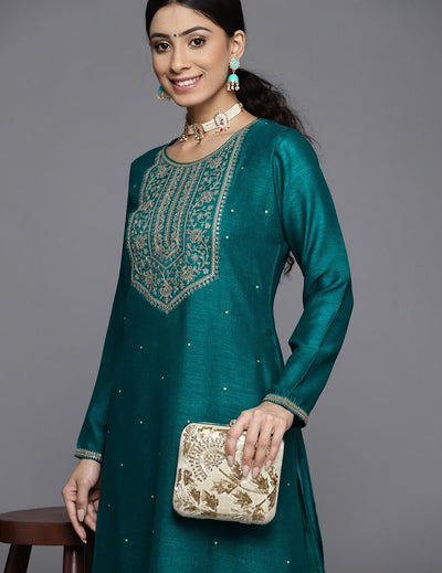 Teal Green & Golden Yoke Design Kurta