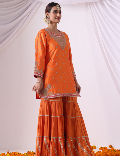 Noor Orange Gharara Set with Embroidered Kurti & Dupatta