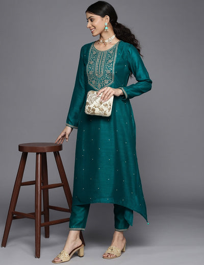 Teal Green & Golden Yoke Design Kurta