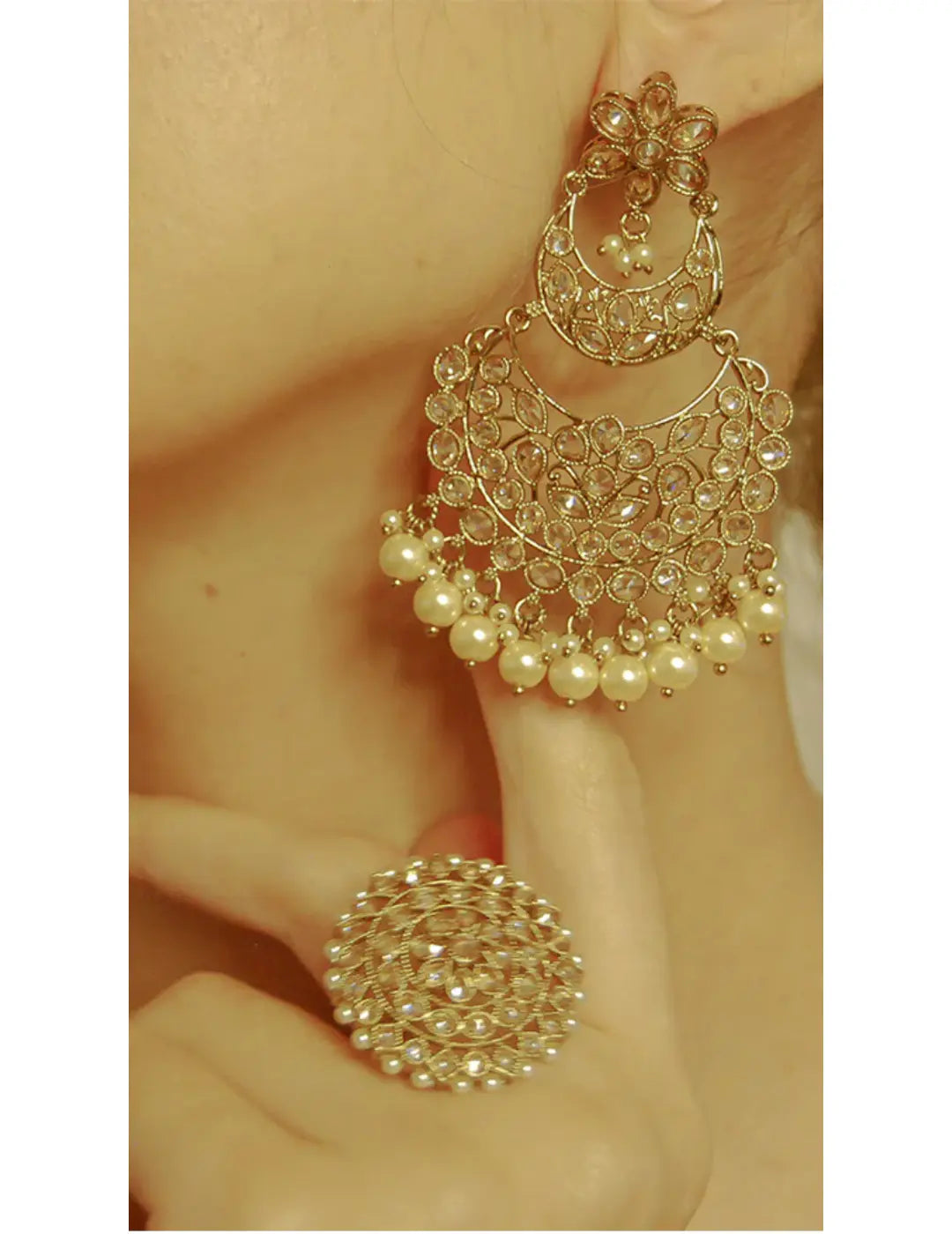 Pearl Antique Gold Tone Chandbali Earrings