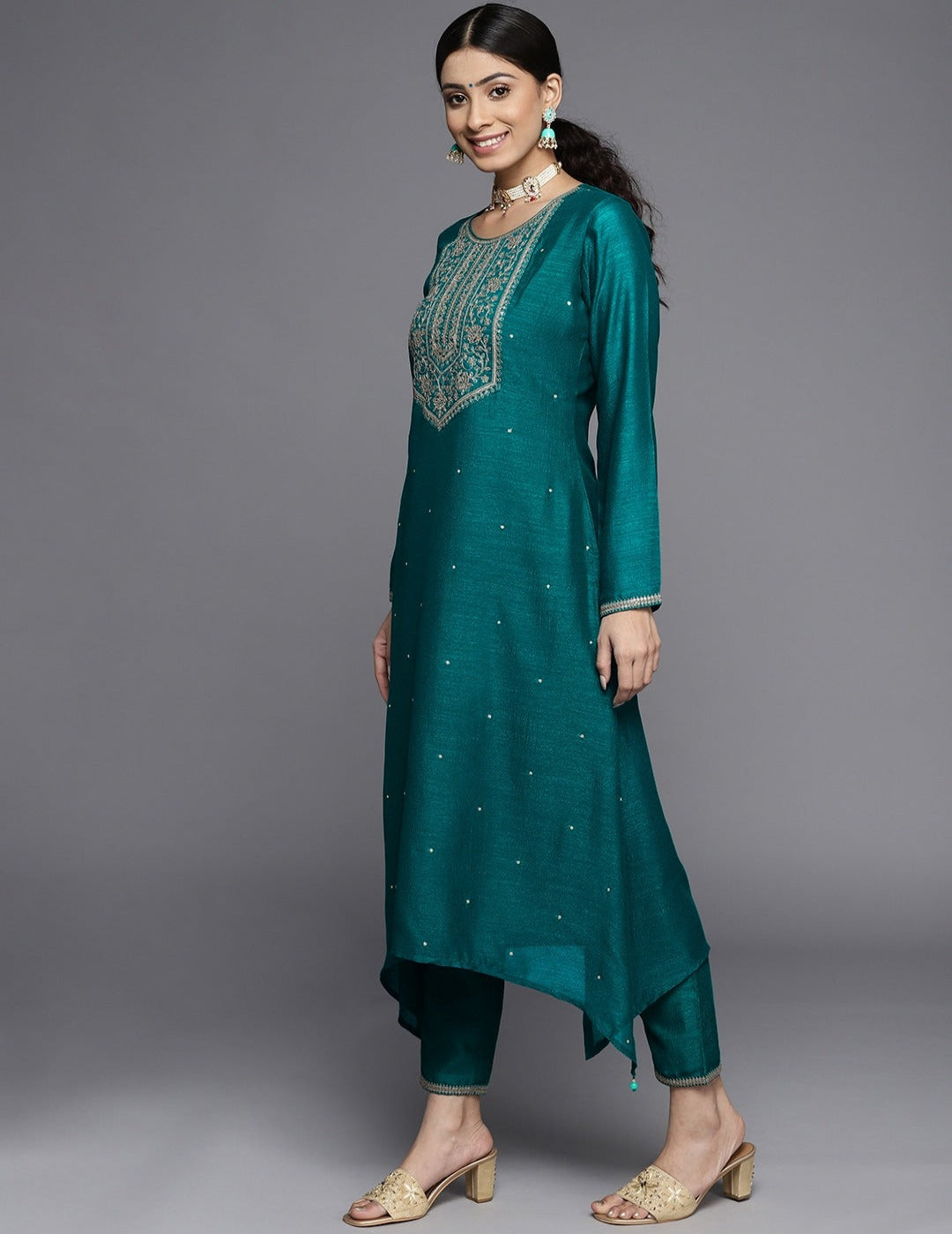 Teal Green & Golden Yoke Design Kurta