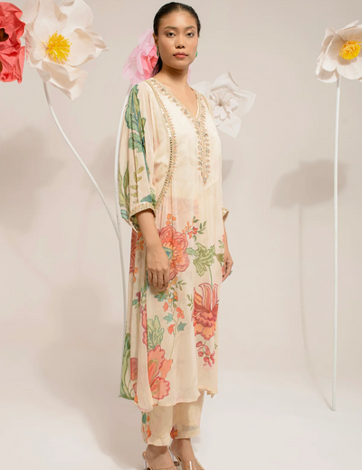 Cream Digital Print Kurta Set
