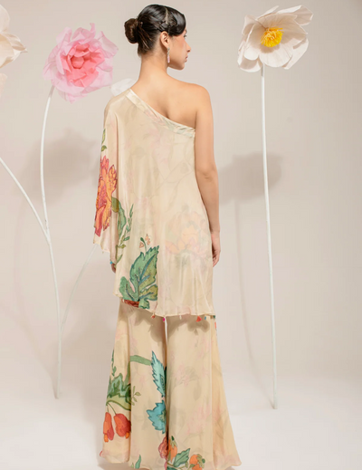 Cream Digital Print One Shoulder Set