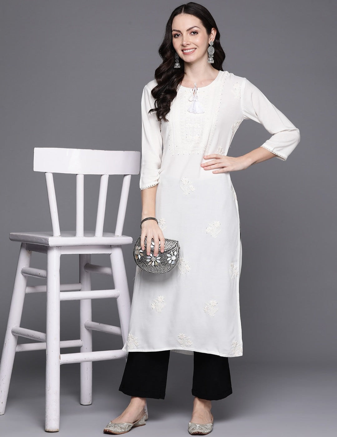 White Motifs Sequinned Kurta