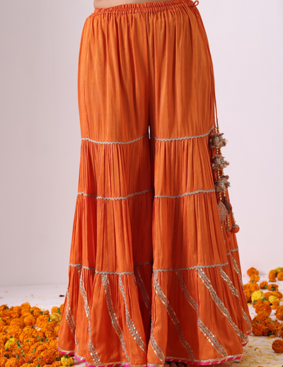 Noor Orange Gharara Set with Embroidered Kurti & Dupatta