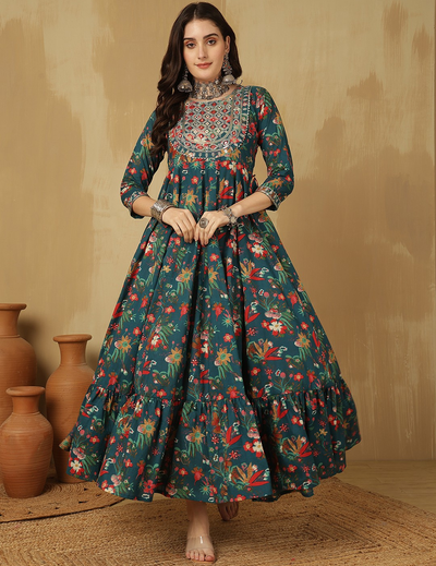 Floral Printed Thread Work Cotton Tiered Anarkali Kurta