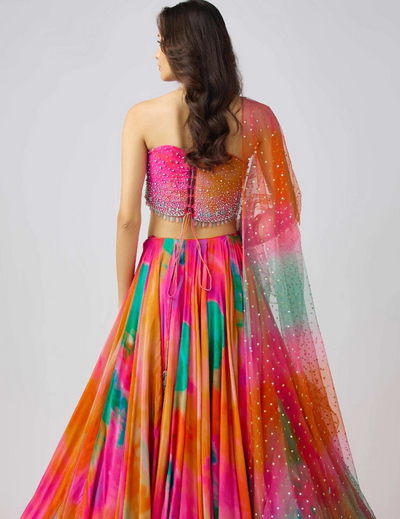 Pink Chinon Embroidered Lehenga Set