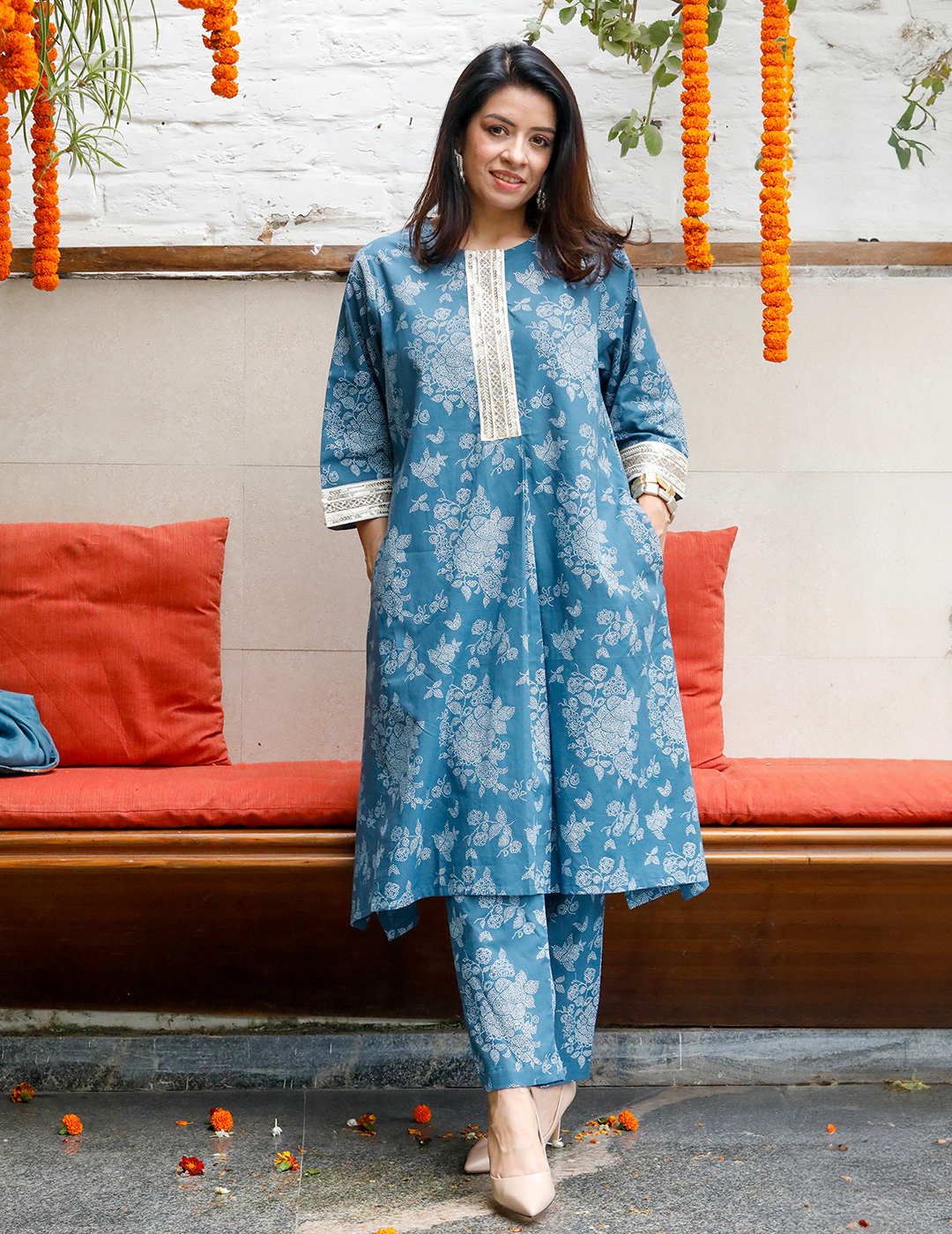 Blue Cotton Khadi Kurta With Pants