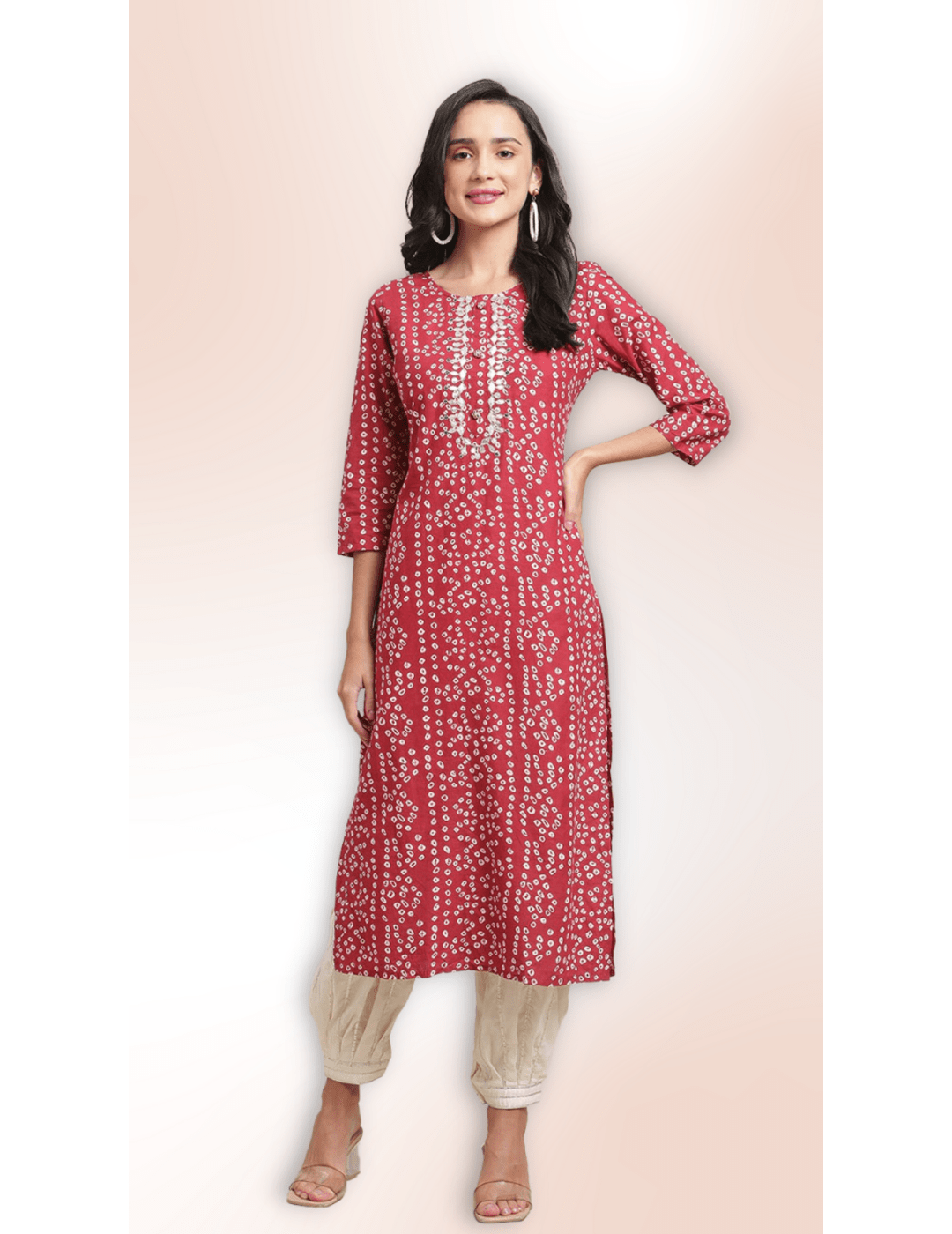 Red & White Bandhani Printed Pure Cotton Kurta