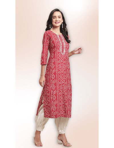 Red & White Bandhani Printed Pure Cotton Kurta