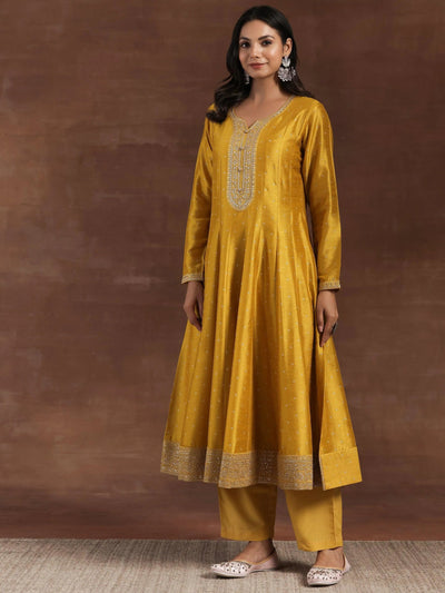 Mustard Yellow Embroidered Silk Blend Straight Suit Set