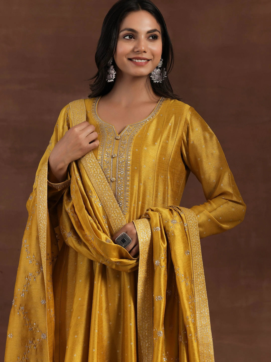Mustard Yellow Embroidered Silk Blend Straight Suit Set