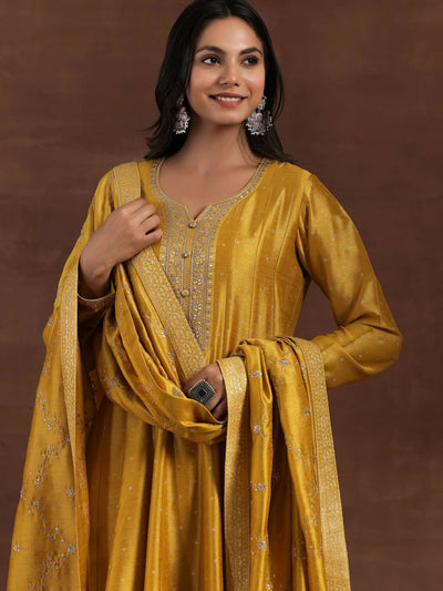 Mustard Yellow Embroidered Silk Blend Straight Suit Set