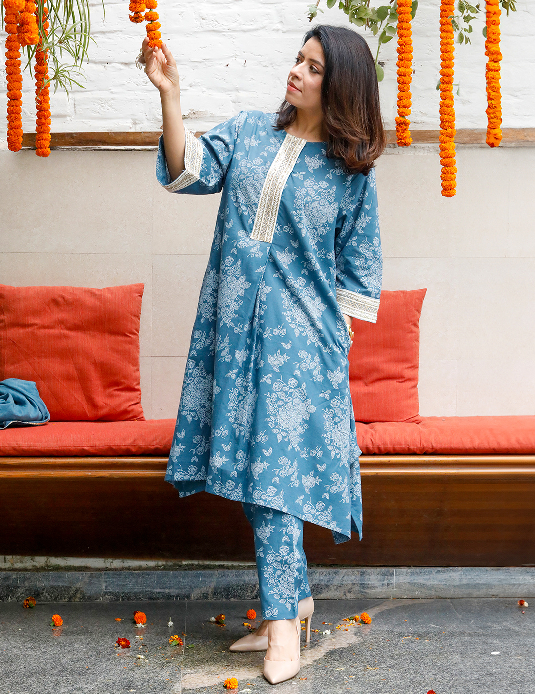 Blue Cotton Khadi Kurta With Pants