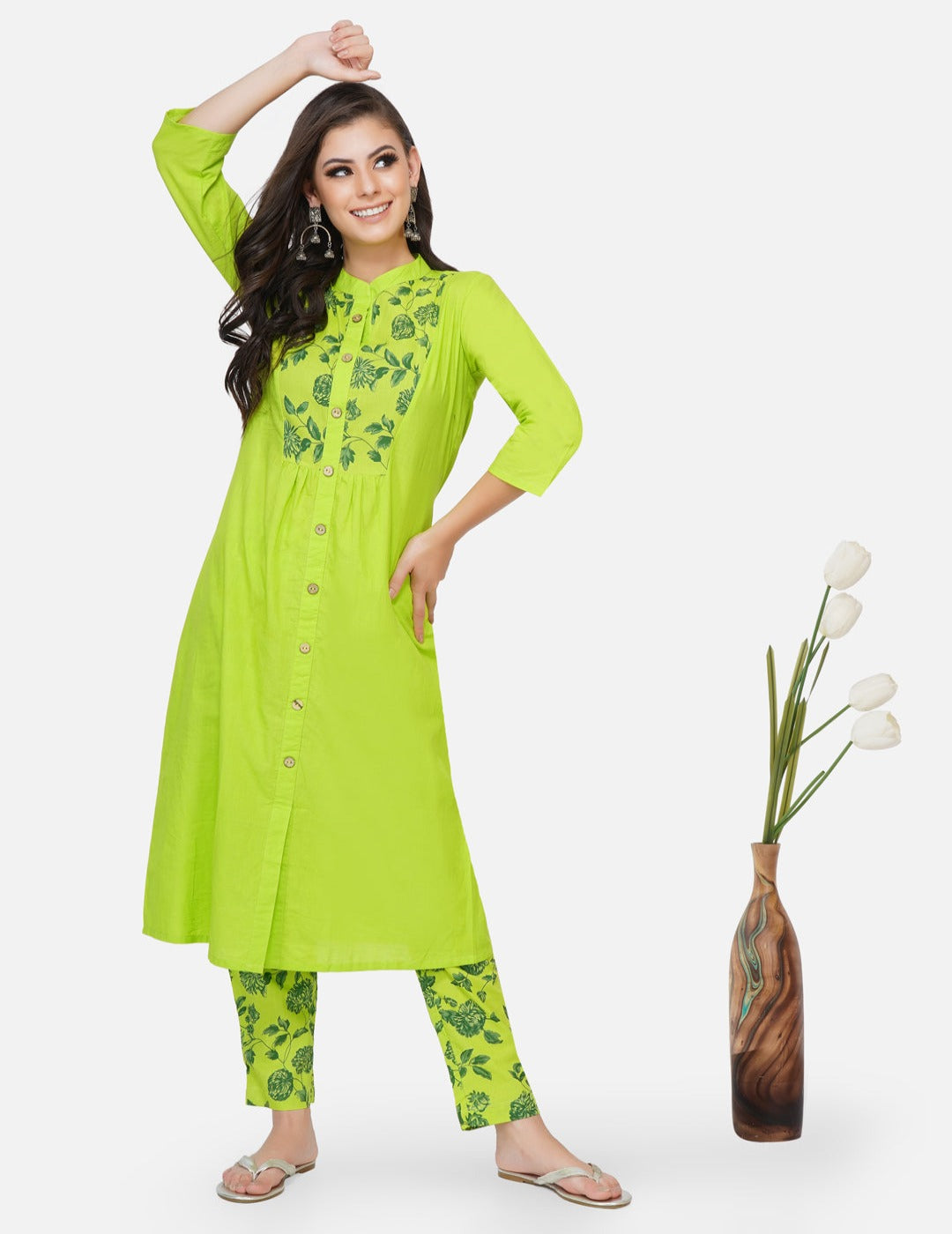 Green kurta with printed pants