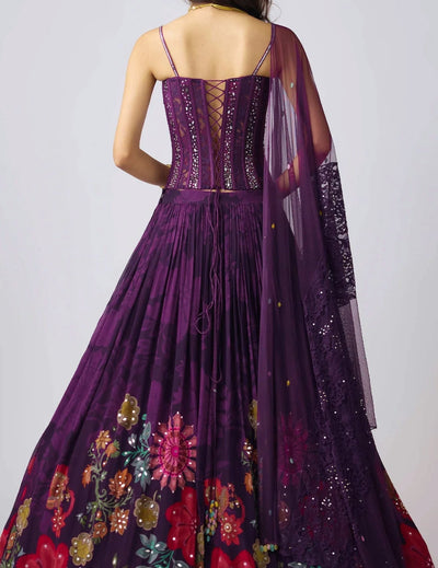 Purple Georgette Embroidered Lehenga Set