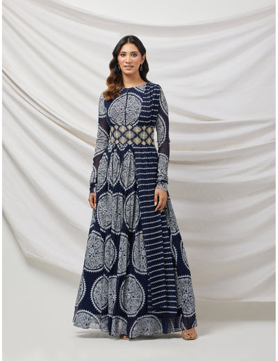 Printed Blue Anarkali set with Embroidered Belt