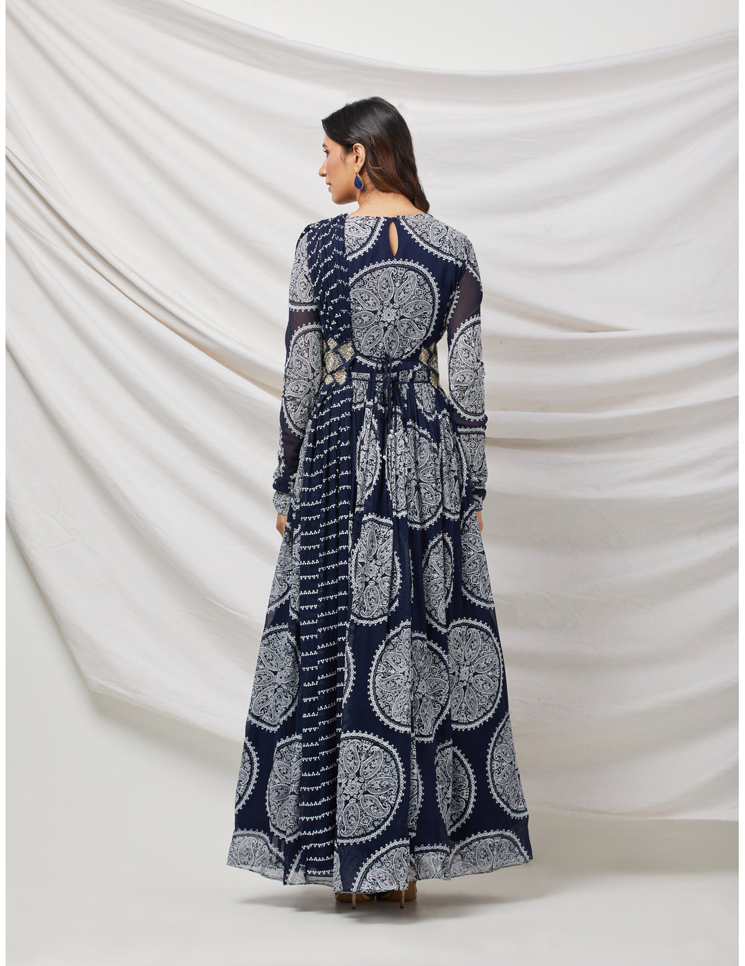 Printed Blue Anarkali set with Embroidered Belt