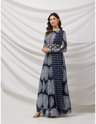 Printed Blue Anarkali set with Embroidered Belt