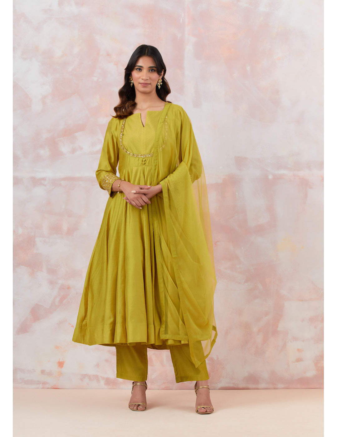 Lime Green Anarkali Set with Embroidery