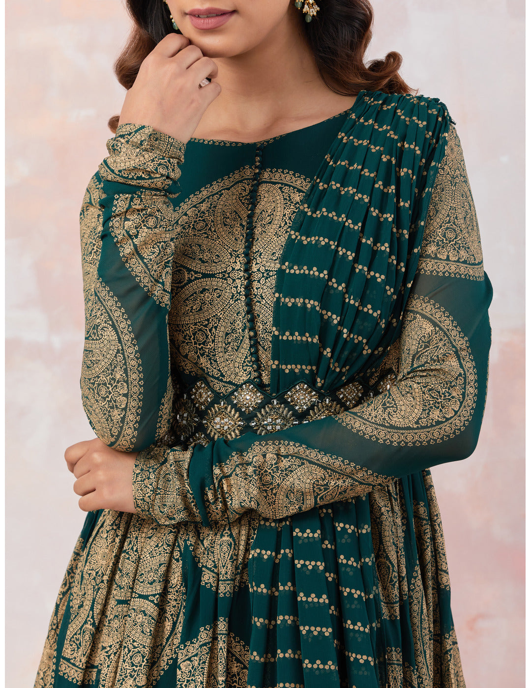 Printed Green Anarkali set with Embroidered Belt