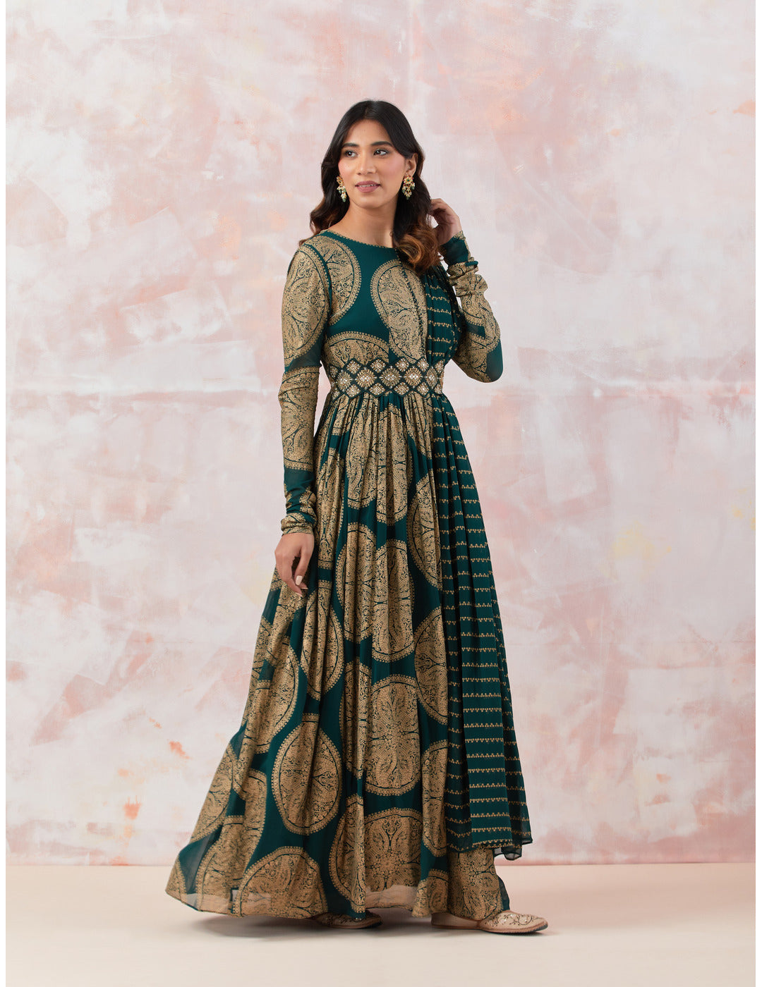 Printed Green Anarkali set with Embroidered Belt