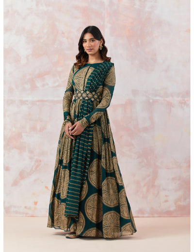 Printed Green Anarkali set with Embroidered Belt