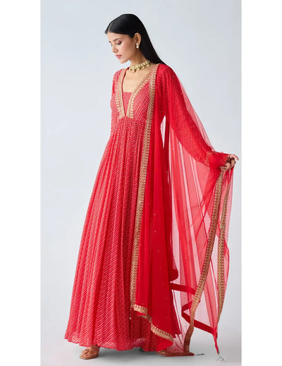 Red Zari Work Anarkali Set