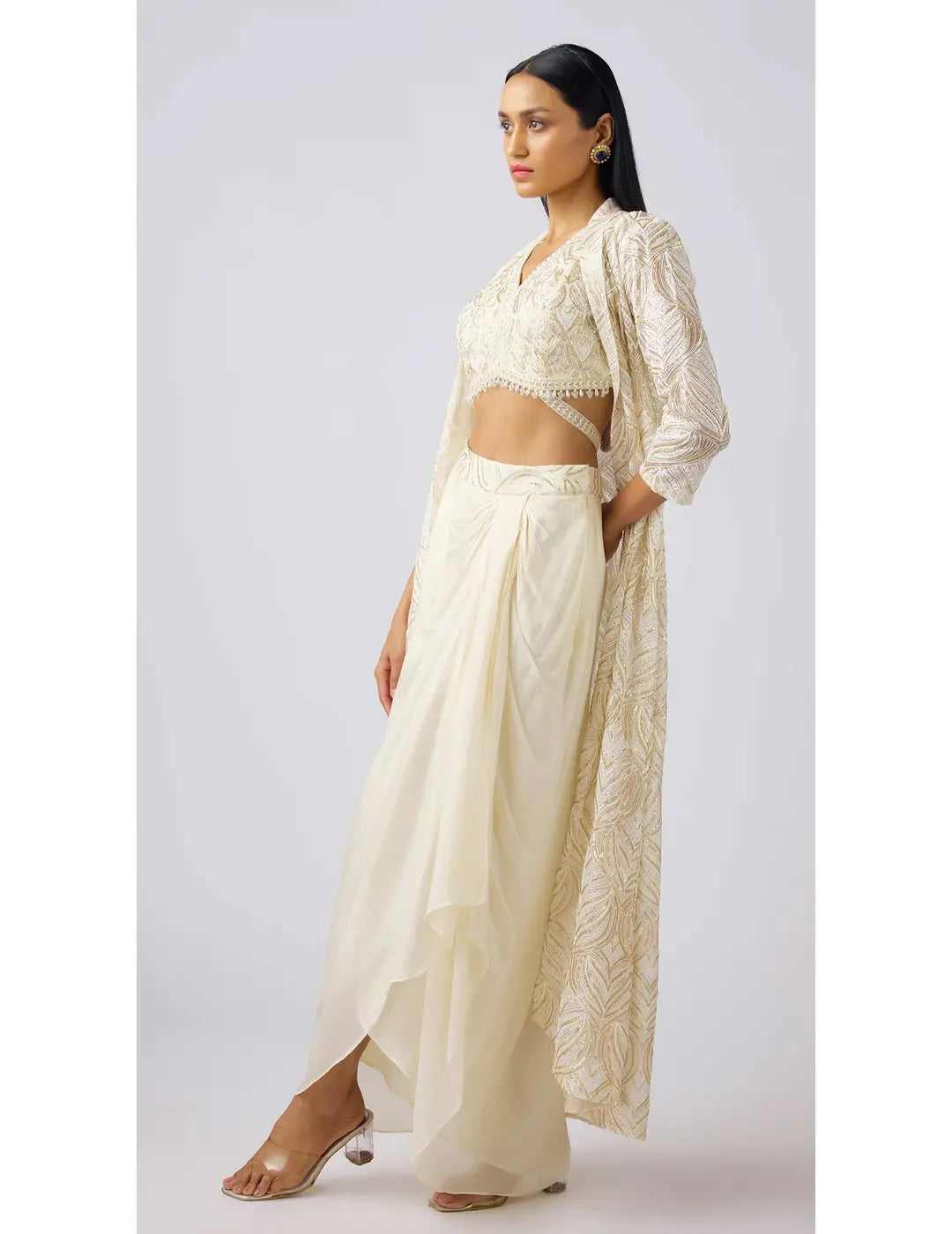 Ivory Chinon Embroidered Cape Set