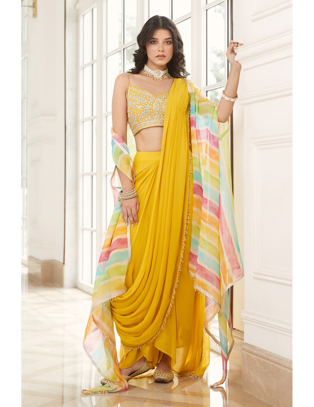 Yellow Pre-Draped Cape Saree