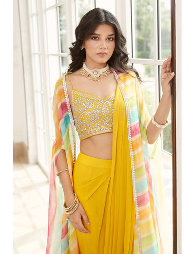 Yellow Pre-Draped Cape Saree