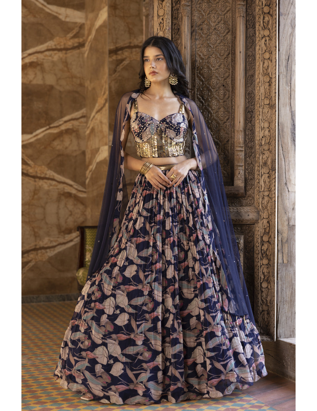  Blue Floral Print Lehenga Set