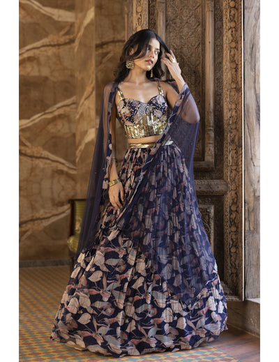  Blue Floral Print Lehenga Set