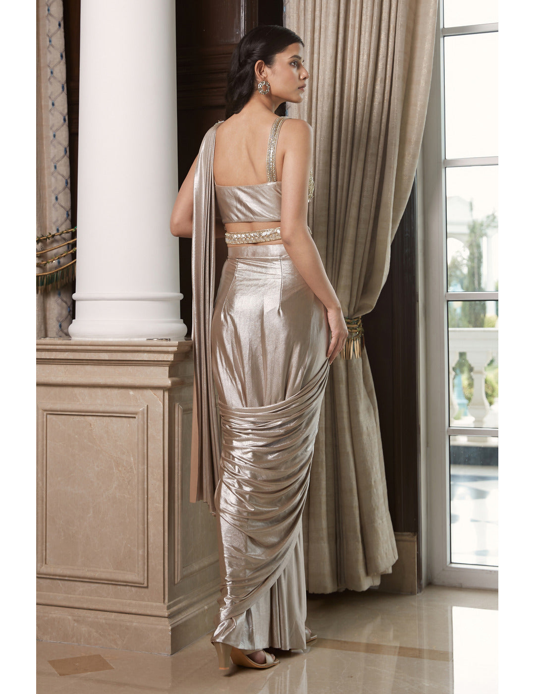 Gold Pre-draped Saree with Belt