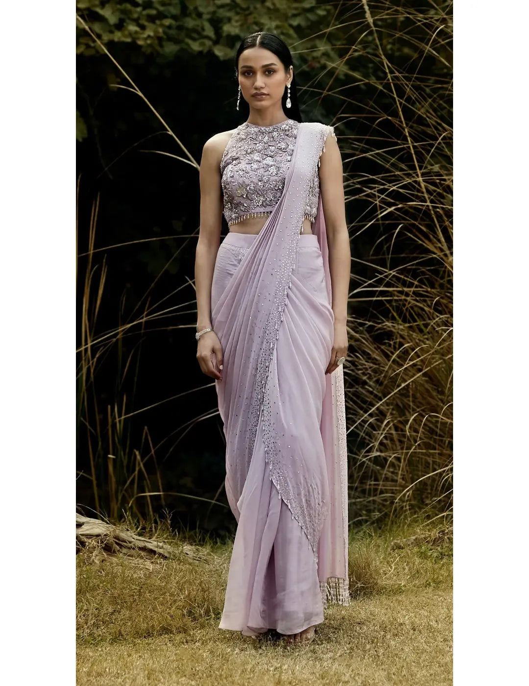 Lilac Embroidered Pre Draped Saree