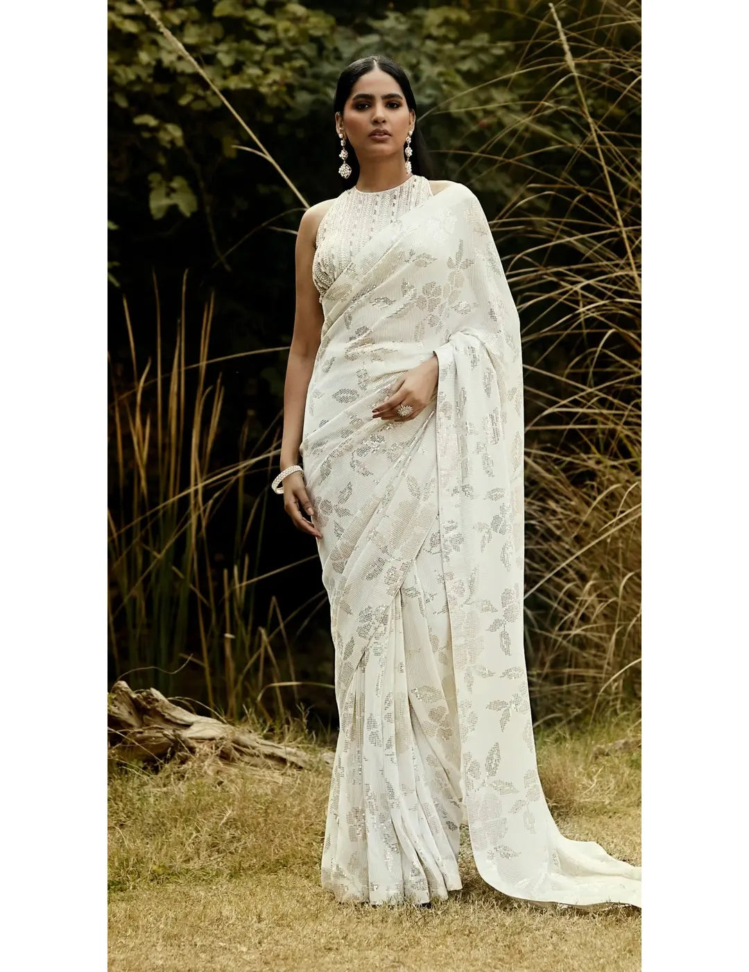 Ivory Sequins Pre Draped Saree